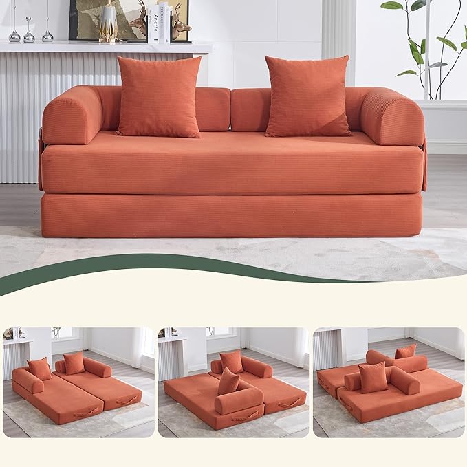Convertible Sleeper Sofa Bed with Fixed-Shape Frame Floor Sofa Lounge Couch with Cylindrical Pillow Corduroy Folding Mattress Couch for Living Room Bedroom Burnt Orange