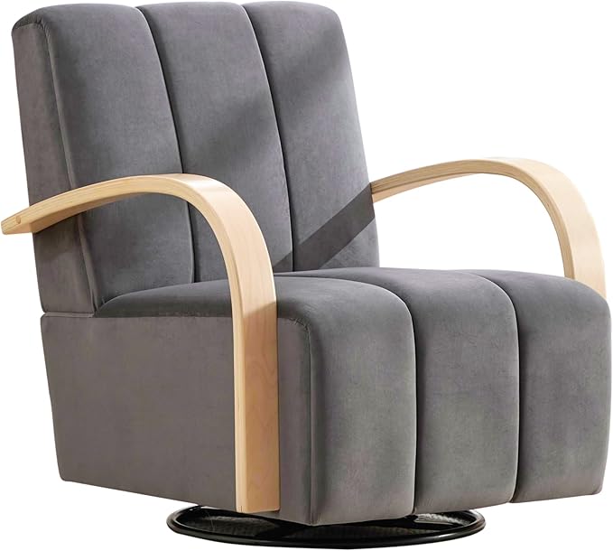 30.3 W Swivel Modern Boucle Upholstered Accent Chair with Solid Wood Armrests Comfy Lounge Reading Chair Side Armchair for Hotel Bedroom Living Room Office Nursery Room (Charcoal+Velvet)