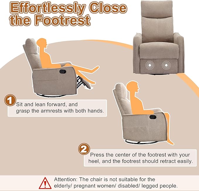 Manual 360° Swivel Rocker Recliner Chair for Adults Overstuffed Glider Chair for Nursery with Vibration Massage and Heat Comfy Soft Fabric Glider with Side Pockets for Living Room Khaki