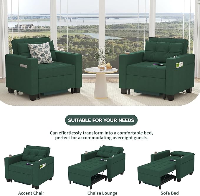 DURASPACE Futon Sofa Bed 3 in 1 Convertible Sofa Chair Bed Adjustable Backrest Chair Chaise Lounge with USB Ports Cup Holder Side Pocket Storage Box (Green)