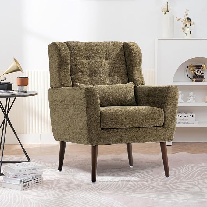 Modern Accent ChairChenille Arm Chairs for Living RoomUpholstered Mordern ArmchairComfy Soft Padded Lounge Chair in Small Space Bedroom w/Pillow Solid Wood Leg (Olive Green)