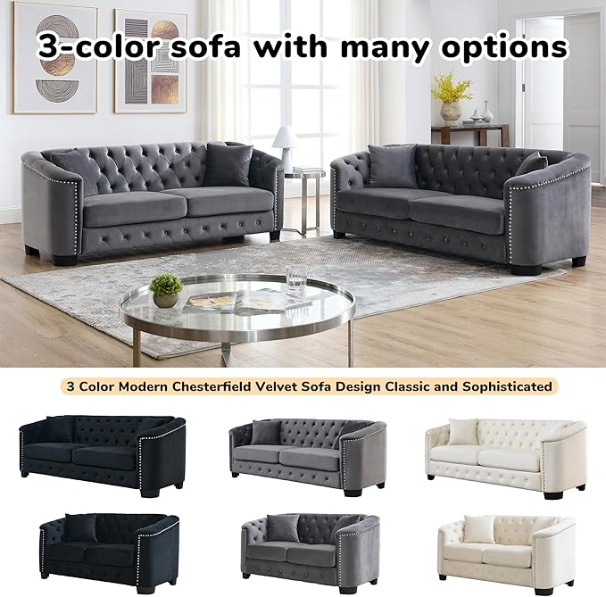 2 Piece Modern Chesterfield Velvet 77 3-Seater Sofa Set Upholstered Tufted Backrests with 8 Nailhead Arms and 4 Cushions for Living Room (Grey 2 Piece 77 3-Seater Sofa Sets)