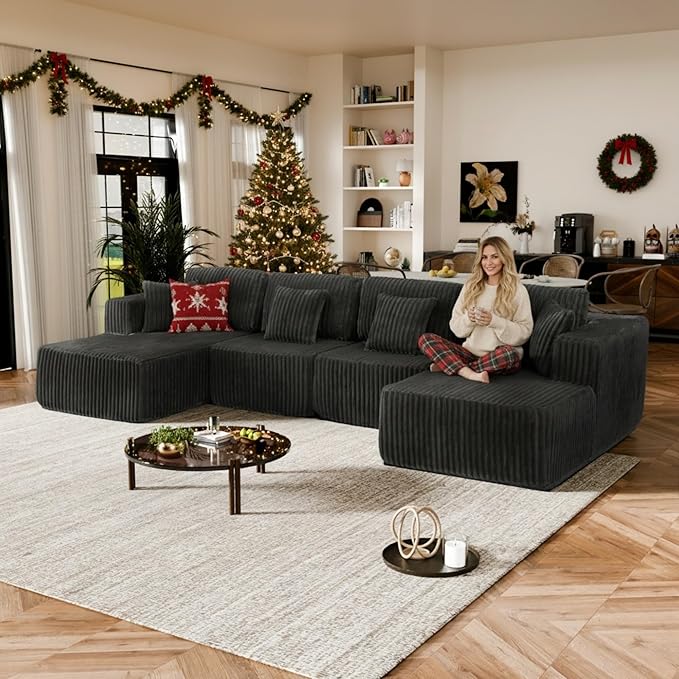 132 U Shaped Boneless Couch Cloud Sectional Modular Sofa with Double Chaise Lounge Corduroy Cloud Couch with Pillows &amp Deep Seat Boneless Sofa for Living Room Grey