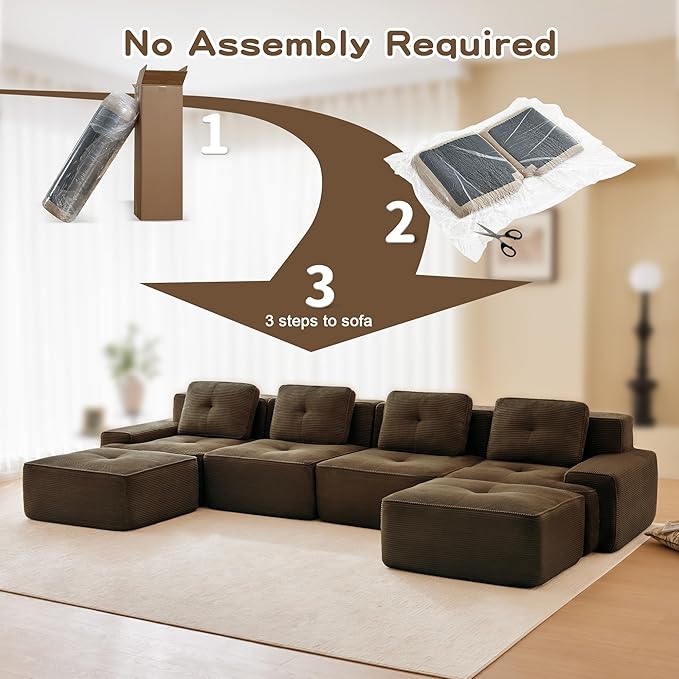 Hommoo 153 Oversized Sectional Sofa Modular U Shaped Couch with Ottoman Comfy Corduroy Couches with Deep Seat 6 Seat Convertible Boneless Sofa for Living Room No Assembly Required Brown