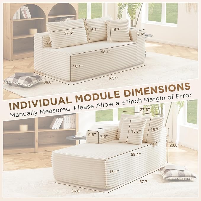 Modular Compressed Sectional Sofa Set – Velvet Corduroy Upholstery Convertible Couch with Cup Holders and Pillows for Living Room Beige
