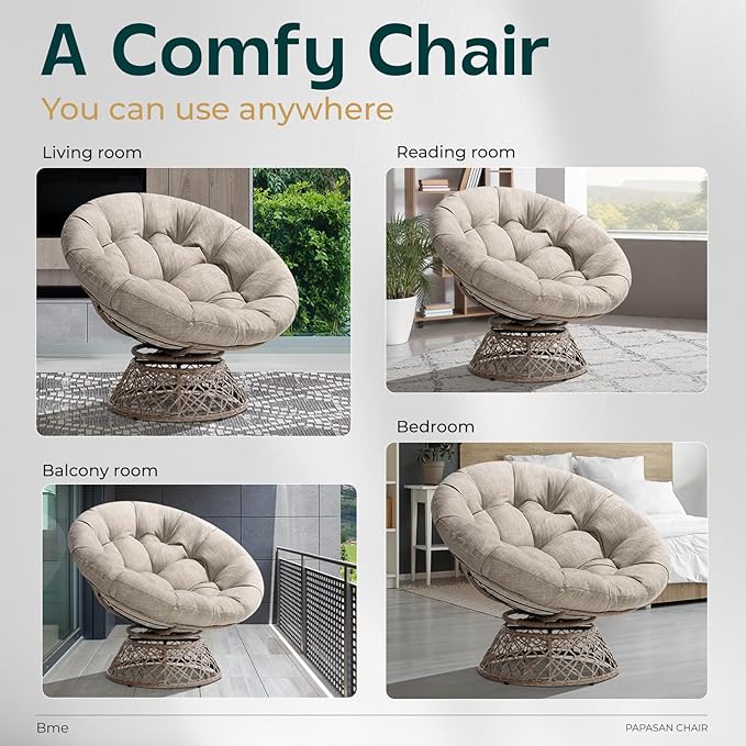 Bme 40 Ergonomic Wicker Papasan Chair with Soft Thick Cushion &amp Frame 360° Swivel Circle Reading Comfy Chair for Living Room Bedroom