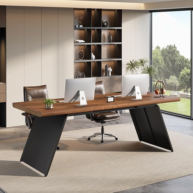 Tribesigns 79” Double Desk for Two People Extra Long Computer Desk with Walnut Wood Top &amp Black Metal Base Heavy Duty 2 Person Home Office Writing &amp Gaming Table