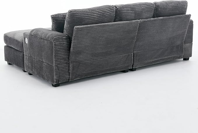 86.6 Sectional Sofa Couch with 2 Ottomans Comfy Corduroy Upholstered Cloud Modular Convertible Couch with Cup Holders and USB Armrest Storage Deep Seat Oversized Loveseat for Living Room (Gray)