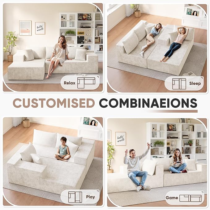 Homall 108 Modular Sectional Sofa Boneless Couch with L-Shape Chaise Cloud Couch with Deep Seat Upholstered No Assembly Required for Living Room Bedroom (Chenille Beige)