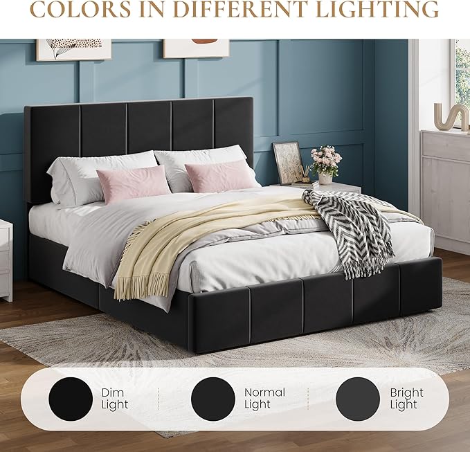 SHA CERLIN Full Size Bed Frame Velvet Upholstered Platform Bed Vertical Channel Tufted Adjustable Headboard Low Profile Bed Frame No Box Spring Needed Easy Assembly Black
