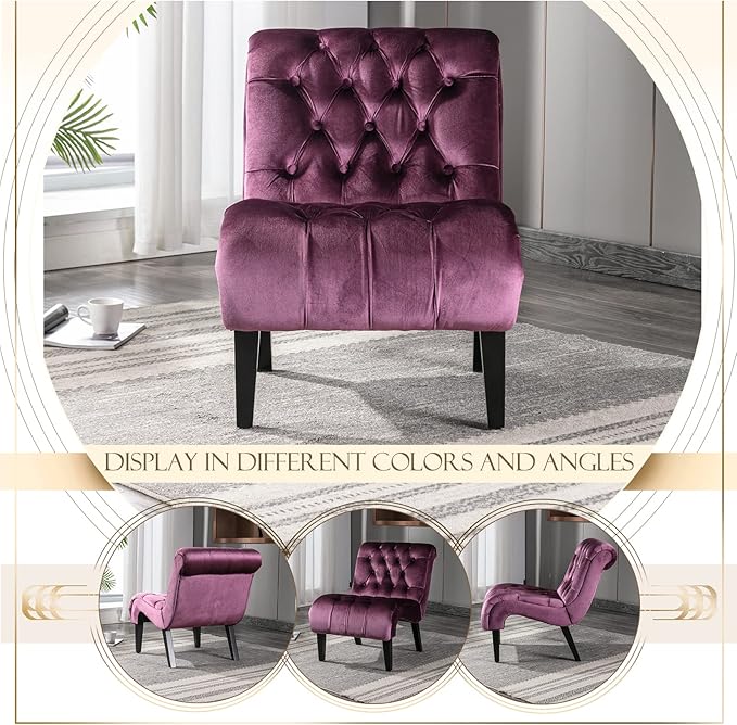 KINFFICT Velvet Accent Lounge Chair for Living Room Modern Leisure Chair with Tufted Backrest Indoor Armless Side Chair Upholstered Bedroom Sleeper Chairs with Solid Wood Legs