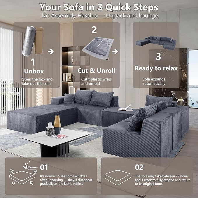 155 Oversized Cloud Boneless Couches for Living Room U-Shaped Modular Sectional Sofa with Deep Seat 8 Seater Boneless Couch with Ottoman &amp Pillows Corduroy DIY Combination Modular Couch Grey