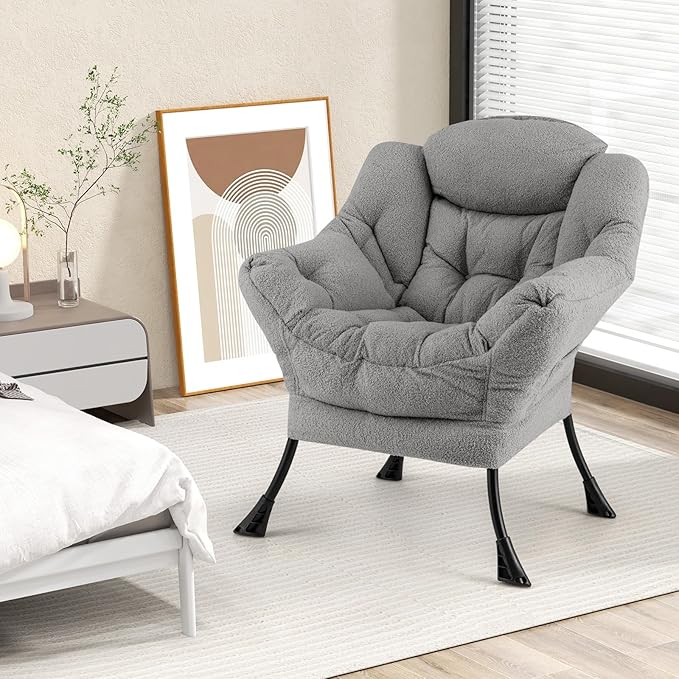GOFLAME Large Lazy Chair Sherpa Upholstered Accent Chair with Cozy Head Pillow Stylish Tufted Back &amp Seat Armrests Storage Pocket Sofa Chair for Living Room Bedroom Home Office Gray