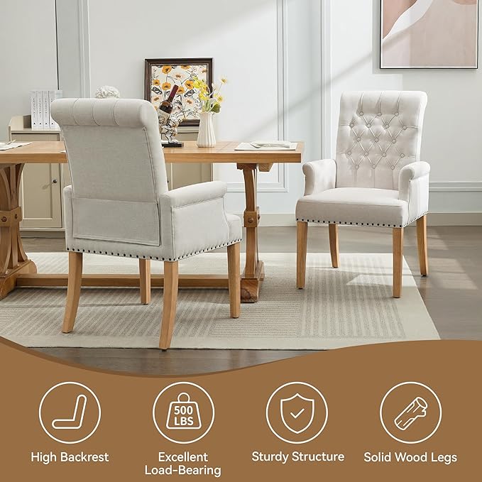 Fabric Dining Chair with Arms Upholstered Tufted High Back Dining Room Chairs Accent Armchair with Solid Wood Leg and Nailhead Trim Kitchen Dining Living Room Beige