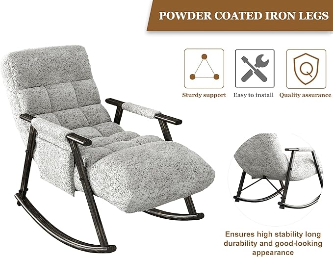 5-in-1 Folding Rocking Lounge Chair Indoor with 5 Angles Adjustable High Back+ Foot Rest Heavy Duty Casual Tufted Upholstered Glider Recling Chair for Living Room Bedroom Balcony (Teddy Gray)
