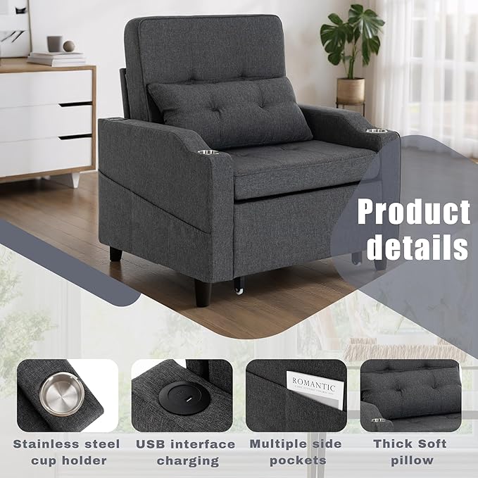 Sleeper ChairSingle Armchair Sofa with PillowAdjustable Backrest Recliner Sofa Modern Pull Out Couch Bed with USB Port Cup Holder Side Pocket for Living Room Bedroom(Dark Grey)