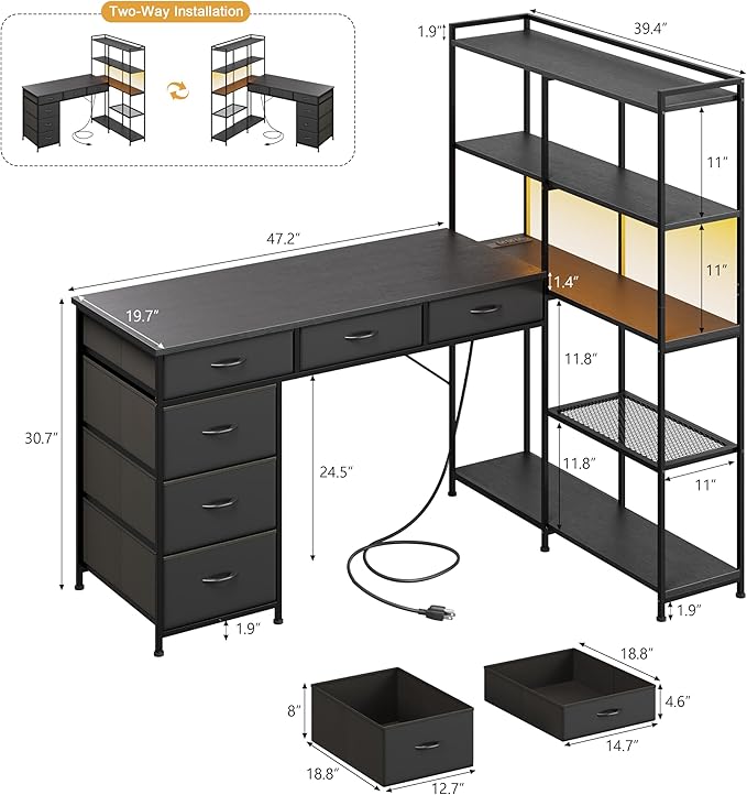 Garvee L Shaped Gaming Computer Desk with 6 Fabric Drawers Corner Gaming Desk with Open Shelves Home Office PC Table with Power Outlets &amp LED Lights 58.3 l*54.3 h Black