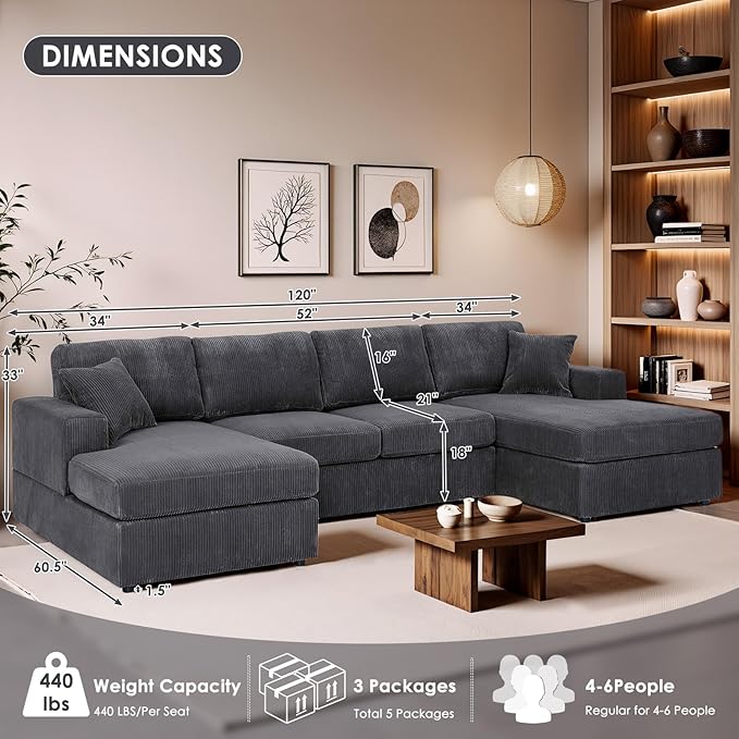 Dreamzie 120” Sectional Couches for Living RoomU Shaped Modular Sofa Couch with Double Oversized Chaise 4 Seat Corduroy Grey
