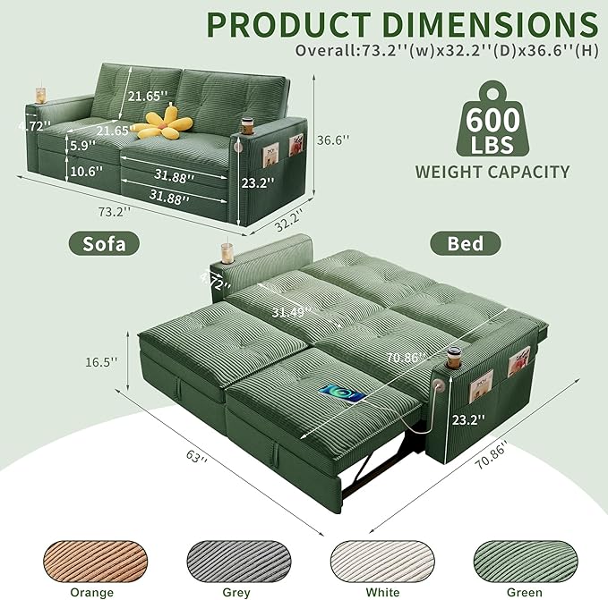 73.2 Pull Out Sofa Bed Corduroy Convertible Sleeper Couch Loveseat Chaise Lounge with Side Pockets &amp Cup Holder Pullout Futon Sofa Bed for Living Room Bedroom Small Spaces RV (Green)