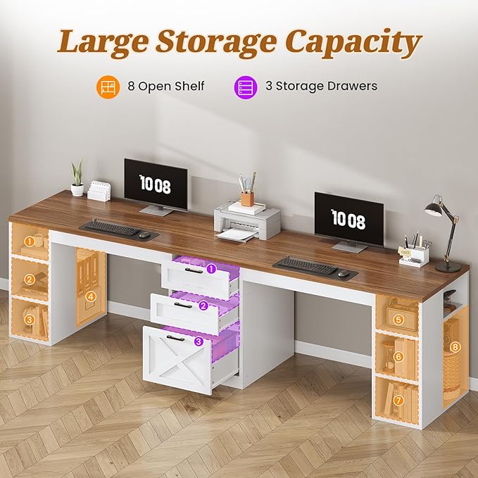 SEDETA Farmhouse 96.5 Computer Desk with Drawers 2 Person Home Office Desk Gaming Double Desk with Storage Shelves Long Two Person Writing Desk (White and Brown)