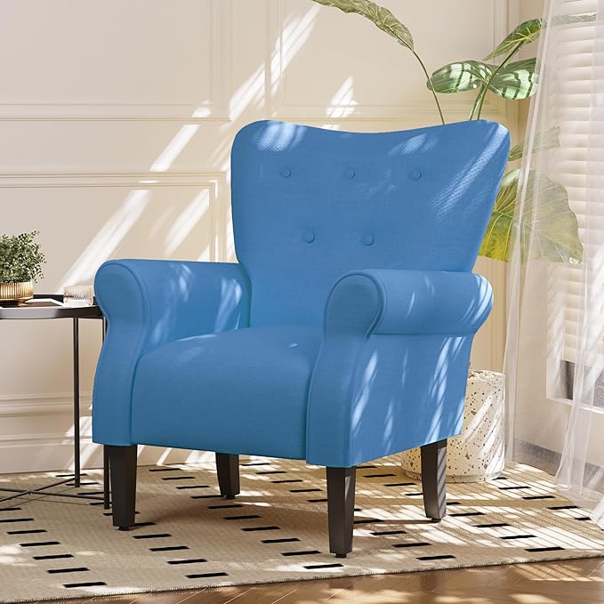 MELLCOM Mid Century Wingback Arm ChairModern Upholstered Fabric High Back Accent Chair with Wood LegsUpholstered Single Sofa Club Chair for Living Room Bedroom Home Office Blue