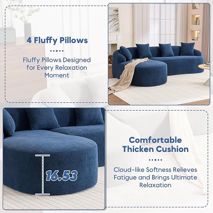 99 Curved Sectional Sofa with Chaise Modern Luxury Chenille Cloud Couch for Living Room Heavy Duty Oversized Deep Seat 3-Seater 700lbs/Seat Weight Capacity No Assembly Antique Blue
