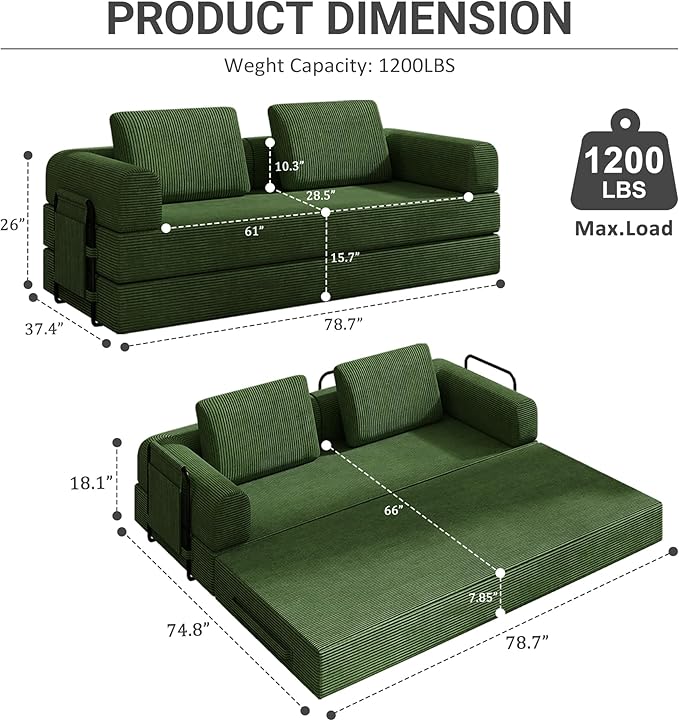 Convertible Sofa Bed 5-in-1 Pull-Out Futon Boneless Couch for Living Room &amp Guest Room Corduroy Sleeper Sofa with Steel Support Brackets 78.7 3-Seater with 2 Pillows (Jade)