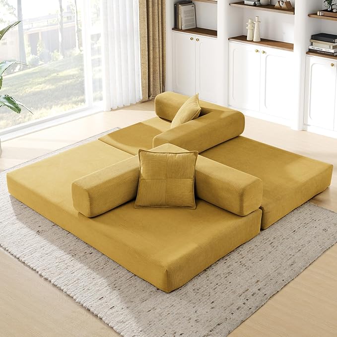 Convertible Folding Sofa Bed Corduroy Sleeper Mattress Couch with Fixed-Shape Frame Free Combination Loveseat Lounge Floor Sofa Queen Size Memory Foam Couch for Living Room Bedroom Yellow