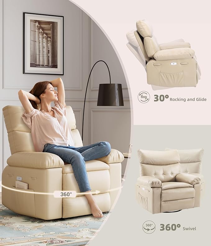 GarveeHome Electric Swivel Massage Chair Power Rocking Recliner with Vibration and Heating Overstuffed PU Leather Single Sofa with USB Port and Storage Glider for Living Room Nursery