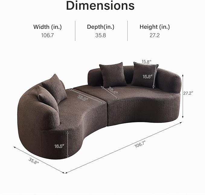 106.7'' Modern Curved Sectional Sofa Luxury Teddy Velvet Upholstered Couch Comfy Cloud Compressed Sofa with 4 Pillows for Living Room Apartment No Assembly Needed Brown