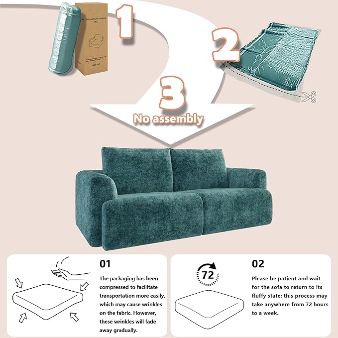 EASE MOOSE Boneless Couch for Living Room Compressed Sectional Cloud Sofa Modular Cloud Couch Loveseat 2-Seater Deep Seat Sofas for Small Spaces No Assembly Required Chenille (Blue)