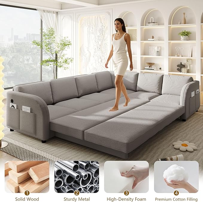 GNIXUU 115.2 L Shaped Couch with Pull Out Bed Convertible Sectional Sleeper Sofa with USB Port &amp Side Pockets 6 Seat Oversized Modular Teddy Cloud Couches for Living Room Apartment Light Gray