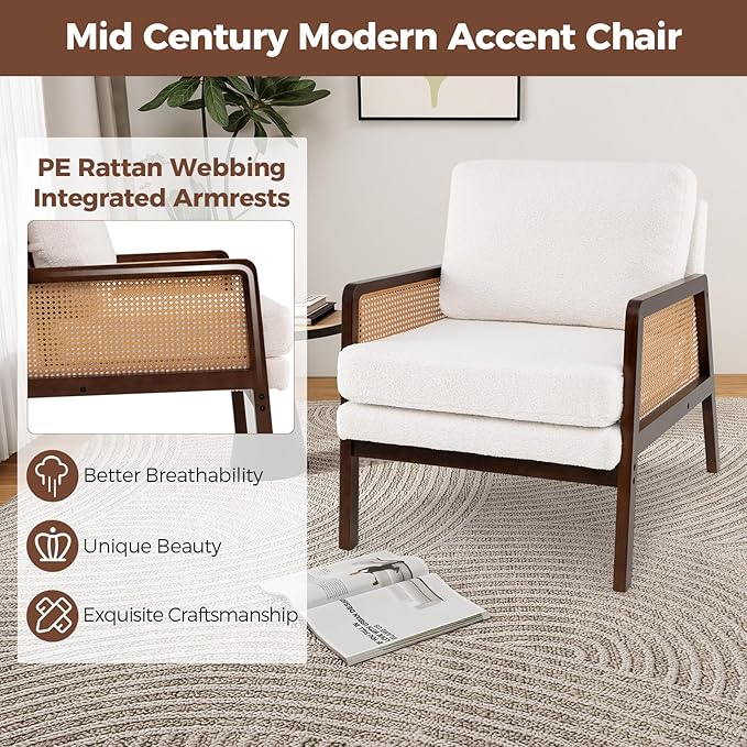 Giantex Mid Century Modern Accent Chair Set of 2 Boho Boucle Living Room Arm Chair w/Rattan Arms Wooden Frame Thick Cushion Pillow Sherpa Reading Side Chair for Bedroom Balcony Brown + Beige