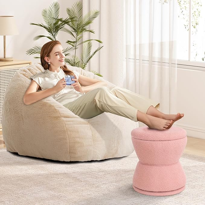 DHMAKER Round Storage Ottoman Swivel Teddy Vanity Stool ChiarModern Sherpa Footstool Makeup Chair Upholstered Footrest for Living Room Bedroom EntrywayPink