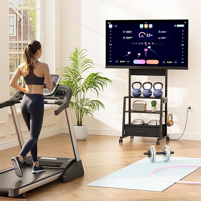 Rolling TV Stand with Wheels and Mount - Small Corner TV Stand with Power Outlet for 32-55 inch TV Entertainment Center with Fabric Drawer Storage for Living Room Bedroom Black