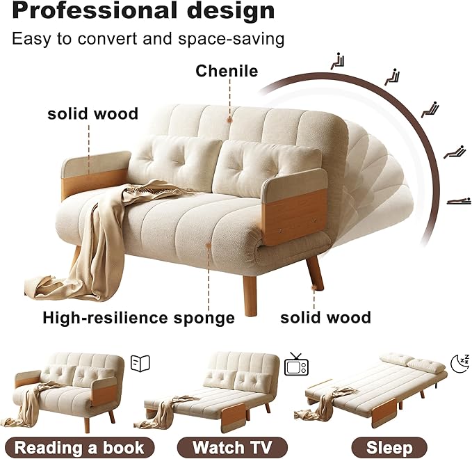 Convertible Chair Bed Futon Sofa Bed Sleeper Chair with Solid Wood Leg and Storage Pocket Linen Fabric Sofa Couch Guest Bed for Living Room Bedroom Office Apartment (43.31)