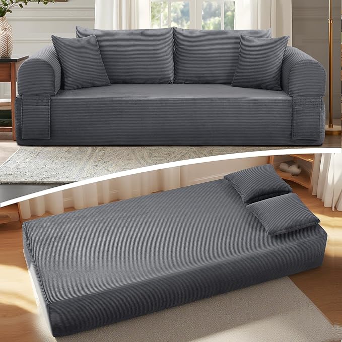 83 Sofa in a Box 3 Seater Couch No Assembly Boneless Sofa Bed with Cushion Back 2 Pillows Deep Seat Corduroy Fabric Side Storage Pockets for Living Room Bedroom Apartment Office Deep Grey