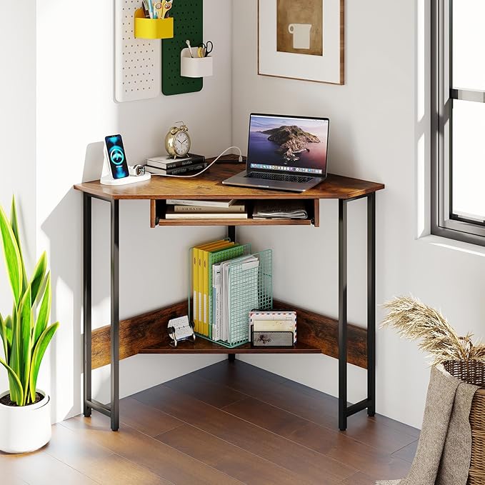 GOFLAME Corner Desk Triangle Computer Desk with Keyboard Tray &amp Storage Shelf Home Office Desk with Built-in Power Outlet Industrial Writing Desk Heavy-duty Space-saving PC Laptop Desk Worksta
