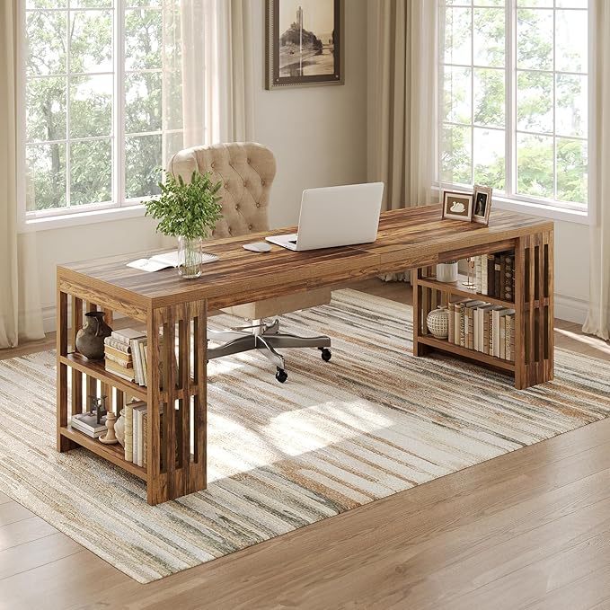LITTLE TREE 78.7 Long Desk 2 Person Desk with Shelves Large Wooden Computer Desk Heavy Duty Shelf Legs Design for Two Person Home Office Business Workstation Brown (78.7 W x 23.6 D)