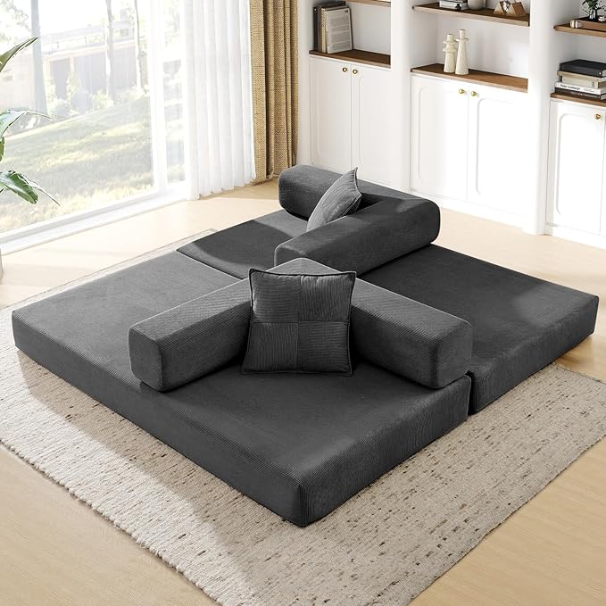Convertible Folding Sofa Bed Corduroy Sleeper Mattress Couch with Fixed-Shape Frame Free Combination Loveseat Lounge Floor Sofa Queen Size Memory Foam Couch for Living Room Bedroom Dark Grey