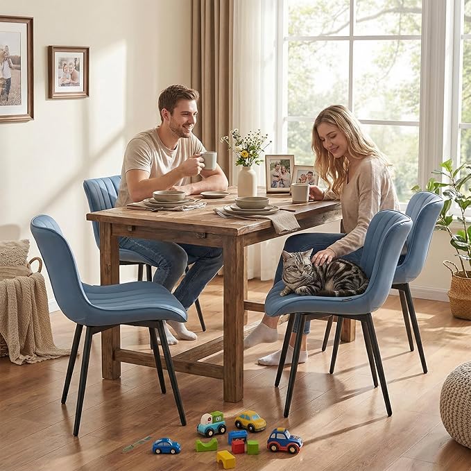 YOUNUOKE Mid-Century Modern Dining Chairs Set of 2 Blue PU Leather Upholstered Kitchen Chairs with Black Metal Legs Armless Accent Chair for Dining Room Guest Reception Room