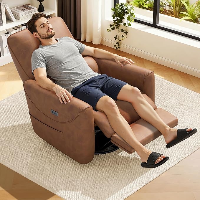 KINGYES Nursery Recliner Rocking Chair 270° Swivel Glider with Bluetooth Speaker &amp USB-C Port Faux Leather Nursery Rocking Chair Brown