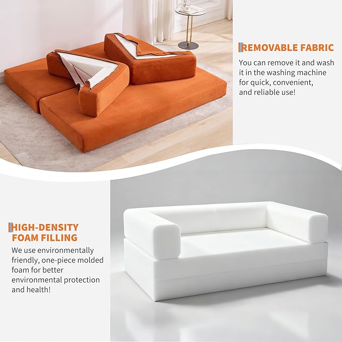 Garvee 5-in-1 Convertible Sofa Bed 78.8 Modular Corduroy Sleeper with Sturdy Frame &amp No Assembly Multi-Functional Futon for Small Space Living Room &amp Guest Room (Green) (Orange)