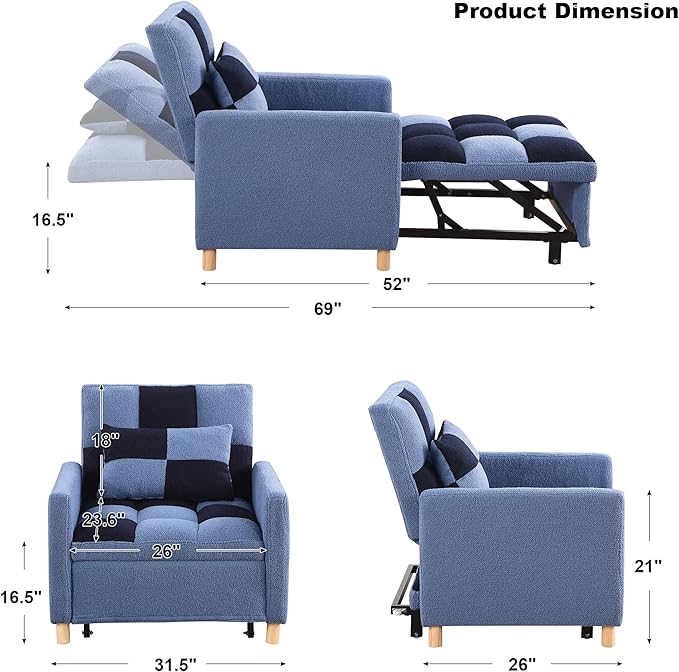 Sleeper Chair Bed Multi-Functional Convertible Chair Sleeper Teddy Fabric Adjustable Pull Out Sofa Bed with Lumbar for StudioDorm Apartment BedroomOfficeLiving Room (Blue)