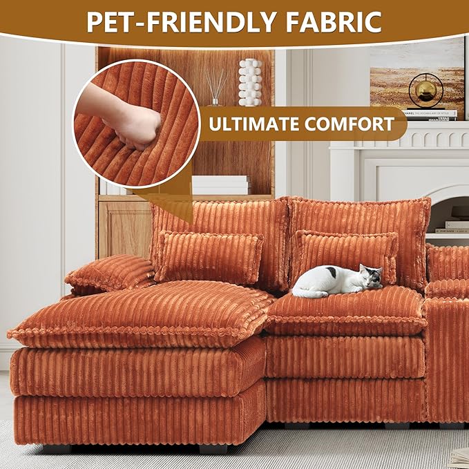 HYJT-H&ampK 124 U Shaped Cloud Couch Sectional Comfy Fluffy Plush Corduroy Orange Sectional Couches for Living Room Modern Modular Corduroy Couch Sectionals with Central Console &amp Double Chais