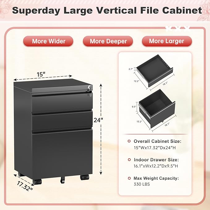 Superday Black File Cabinet 3 Drawer Fully Assemble Metal Rolling Vertical Filing Cabinet with Wheels Small Under Desk File Cabinets for Home Office