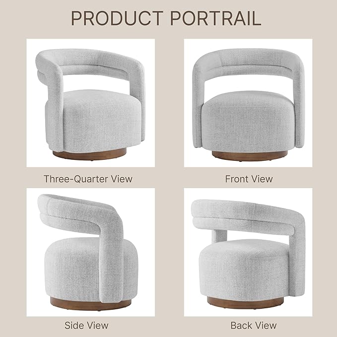 Swivel Accent Chair Upholstered Barrel Chair with Open Back Design Modern Arm Chair with Wooden Base for Living Room Bedroom Reading Waitingroom White