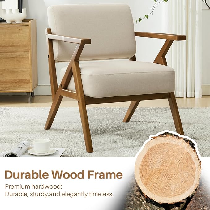 Mid Century Modern Accent Chair Set of 2 Linen Upholstered Boho Armchairs for Living Room Wood Frame Leisure Chair for Bedroom/Balcony/Hotel/CaféBeige