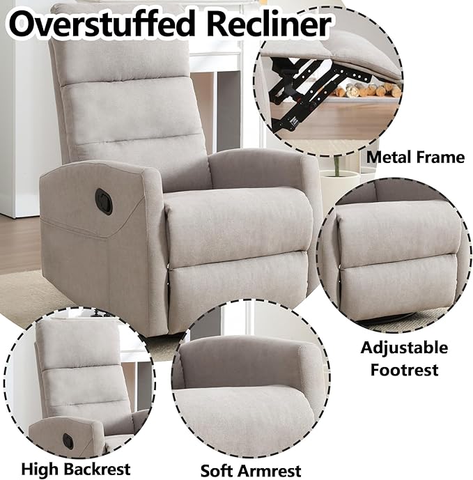 Slim Lazy Boy Recliners for for Adults Swivel Rocking Chair Recliner with High Back Small Recliner Chair for Small Spaces Manual Reclining Chair for Living Room Adjustable Footrest (Khaki)