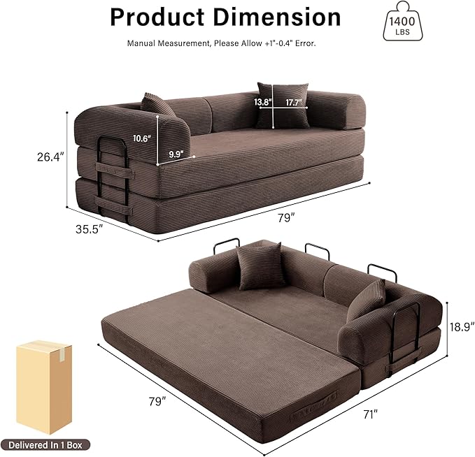 79 5-in-1 Folding Convertible Sofa Bed Oversized Corduroy Futon Floor Couch with Pull-Out Sleeper Modular Boneless Loveseat for Small Spaces Living Room Bedroom (Brown)